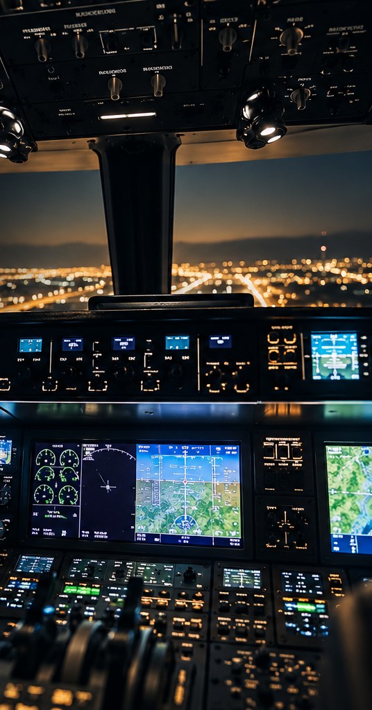 Cockpit på ett privatflygplan i flyget över en stad på kvällen
