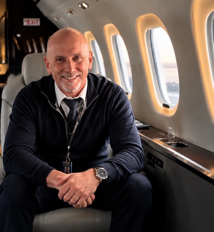 Kjell Strengbom ombord på ett flygplan