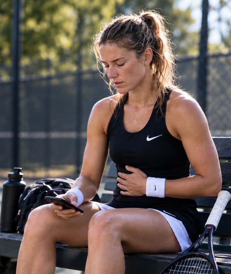 Tennisspelare som läser på sin telefon på en bänk vid banan