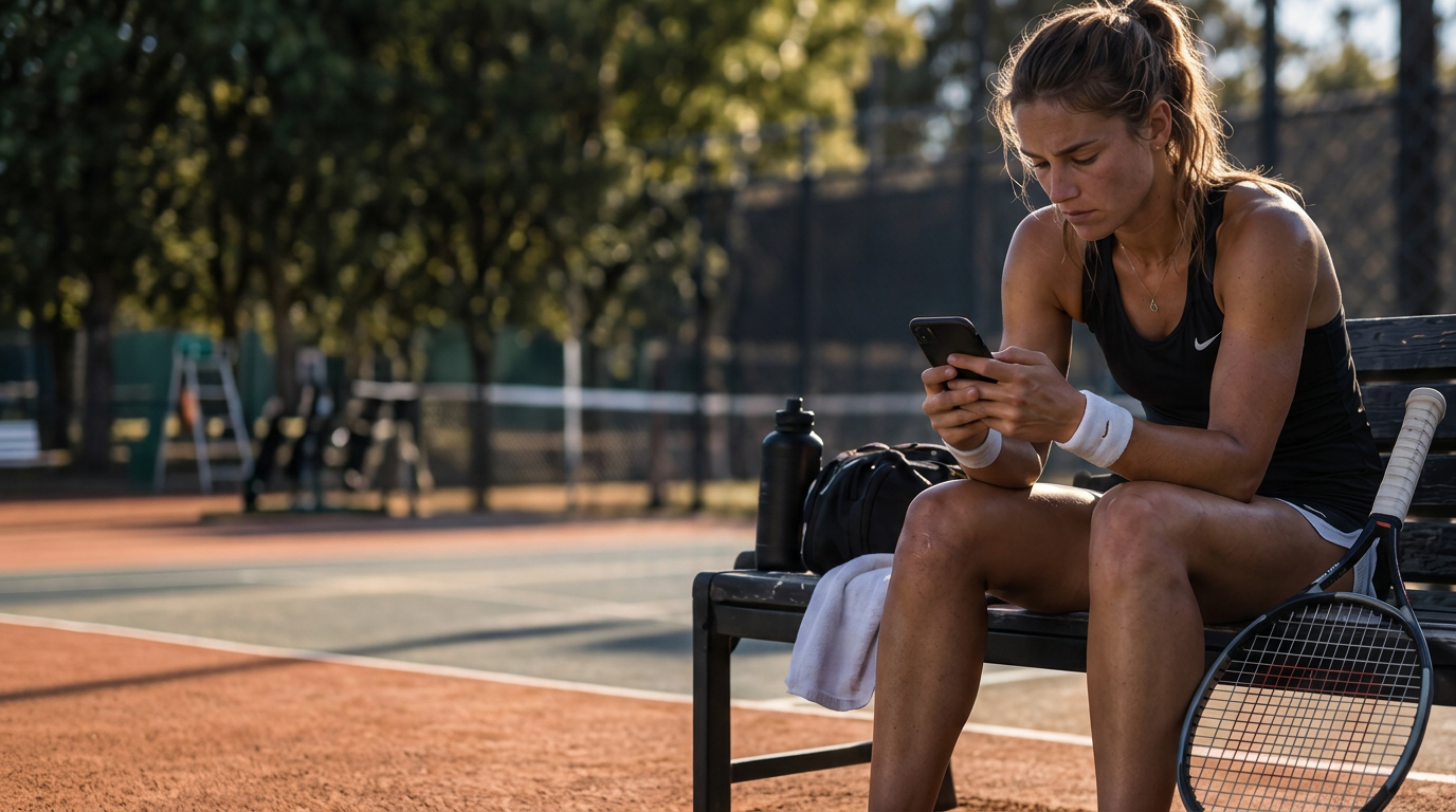 Tennisspelare med sin mobil inför träning